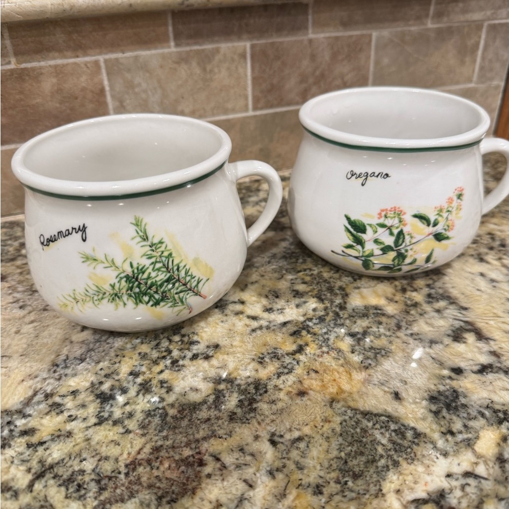 Botanical Herb Ceramic Soup Mug – White with Green Trim